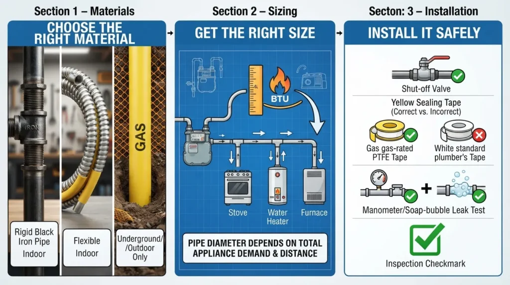 Overview graphic showing gas pipe materials, correct pipe sizing chart, and safe installation steps for a Miami home