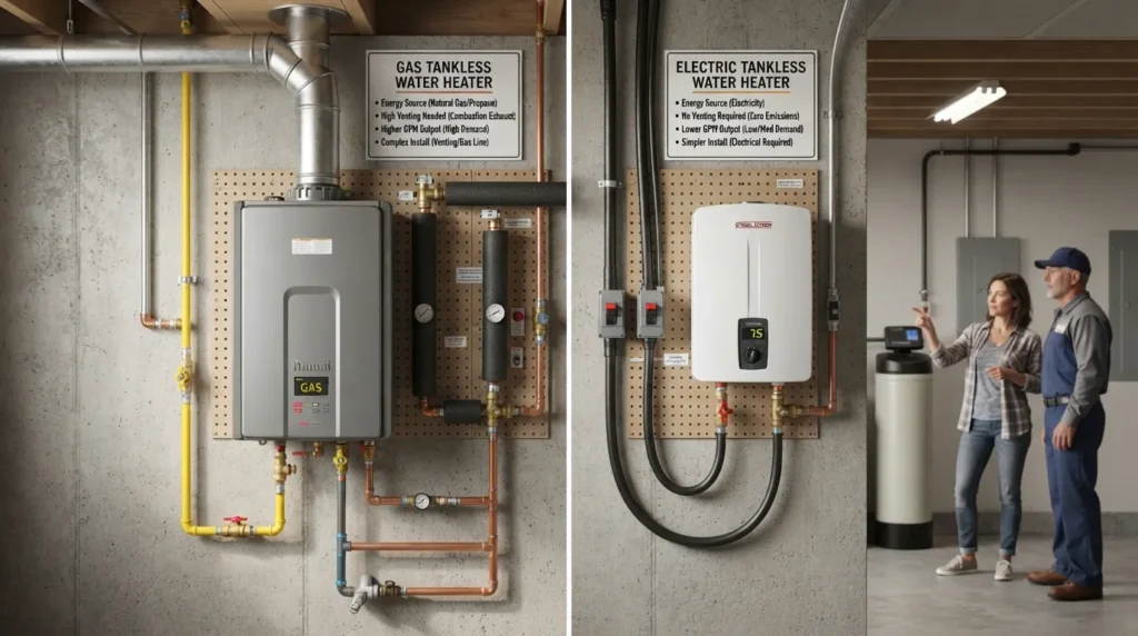 Side-by-side comparison of gas and electric tankless water heaters showing their main differences for home use