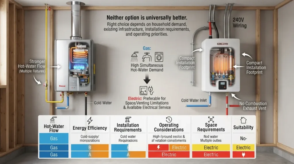 Visual comparison of gas and electric tankless water heaters showing flow rate, energy efficiency, installation requirements, operating costs, and ideal home use