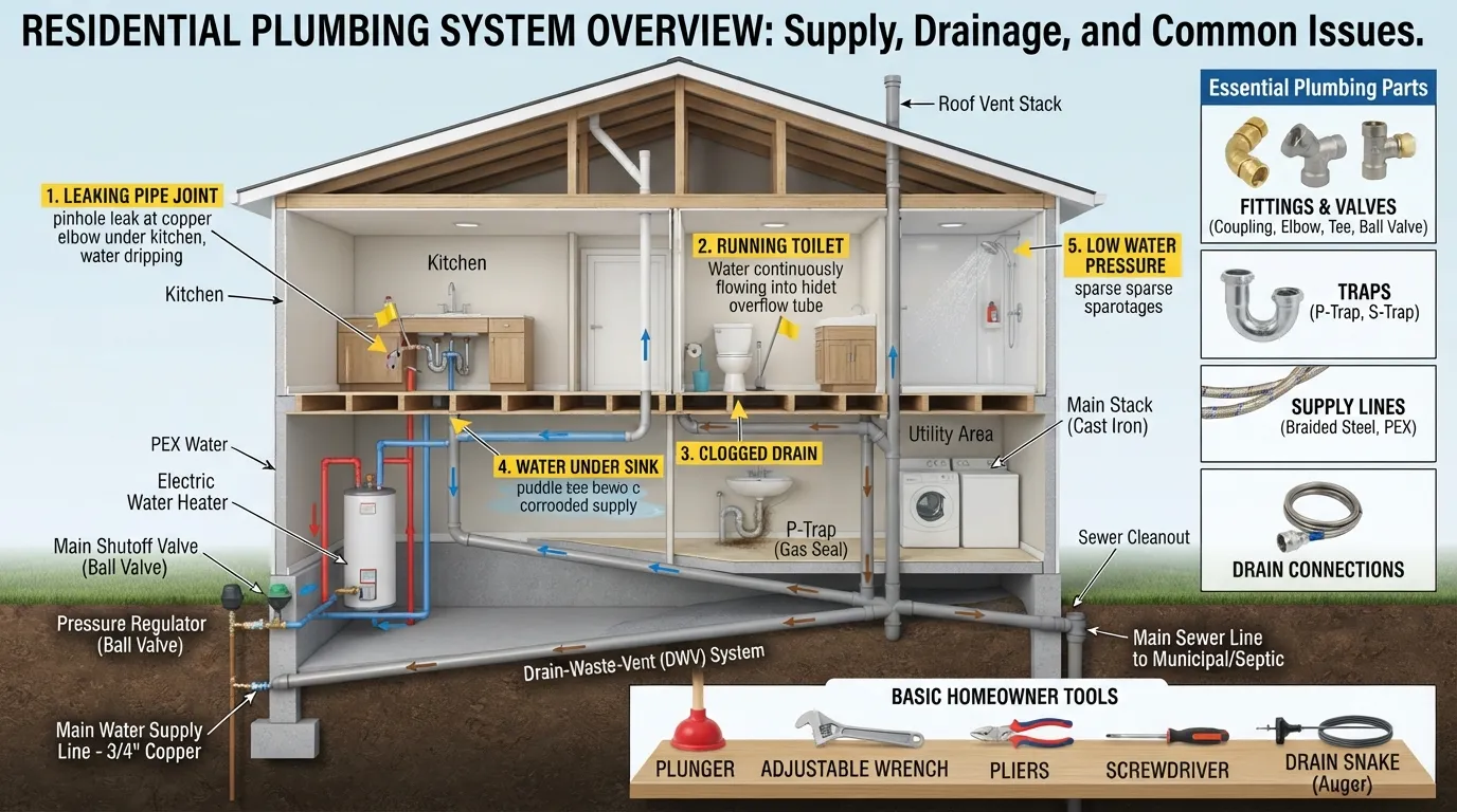 Home plumbing overview showing the water supply system, pipes, fixtures, drains, essential plumbing parts and tools, and common household plumbing problems.