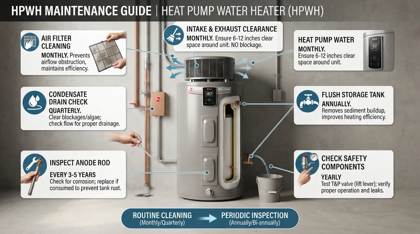 Heat pump water heater maintenance guide showing routine cleaning, filter care, airflow, condensate drain, tank flushing, and safety checks.