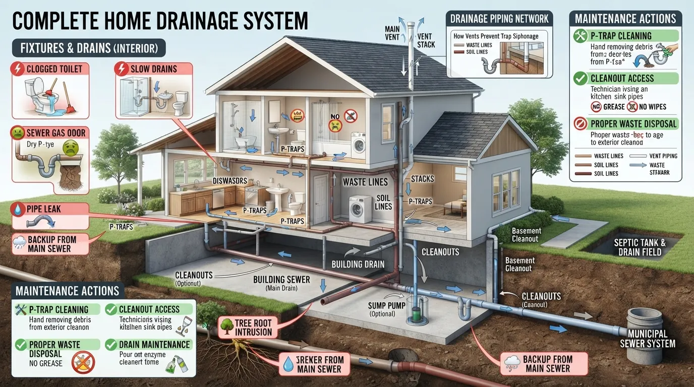 Home drainage system diagram showing how wastewater flows through major plumbing parts, common drainage system types, typical problems, and basic maintenance points.