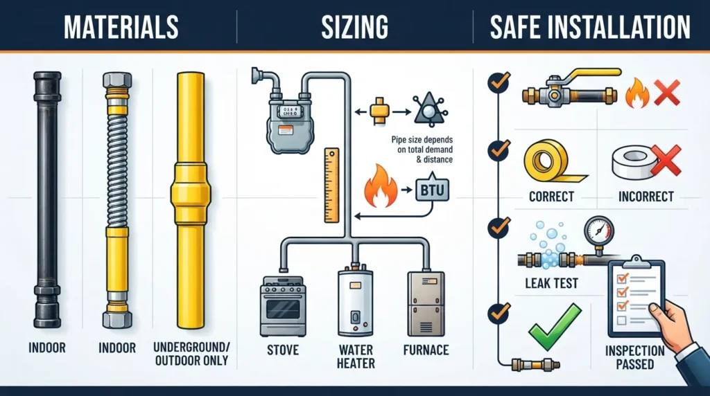 Infographic showing different garden hose connector types, a size comparison chart, and a step-by-step leak repair illustration