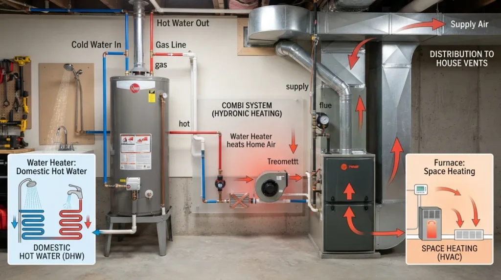 Visual comparison of a hot water heater and furnace showing that the water heater heats domestic water while the furnace heats indoor air, with examples of how separate or combined systems can work together