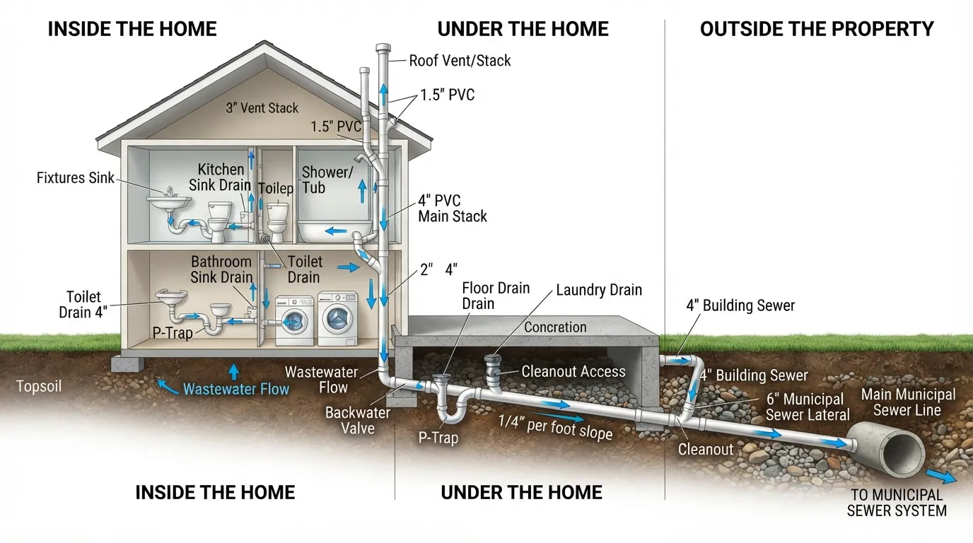 House drainage system diagram showing how drain pipes run from indoor plumbing fixtures through walls and floors, under the house, and outside toward the main sewer connection.