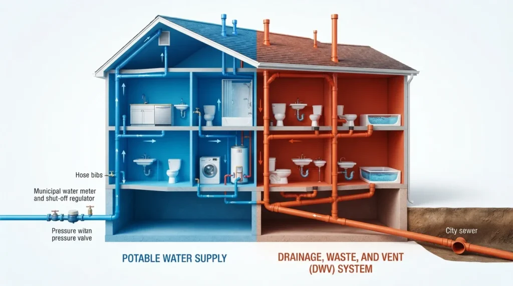 Labeled diagram of a house plumbing system showing the water supply line, water heater, drain pipes, vent stack, and sewer connection