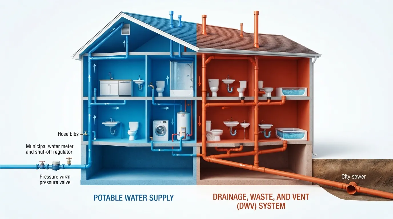 Labeled diagram of a house plumbing system showing the water supply line, water heater, drain pipes, vent stack, and sewer connection