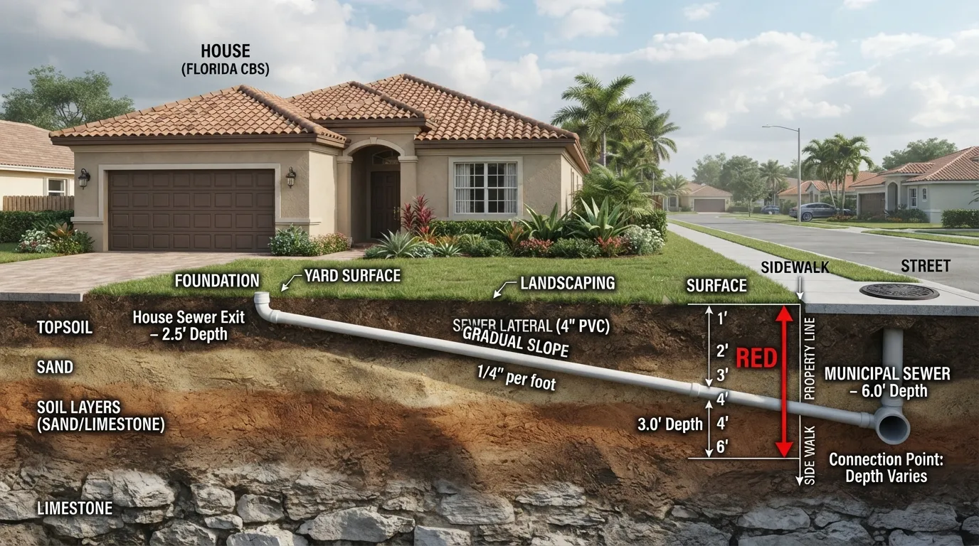 Cross-section of a Florida or Miami home showing a buried residential sewer line running underground from the house toward the sewer connection, with depth illustrated below ground level.