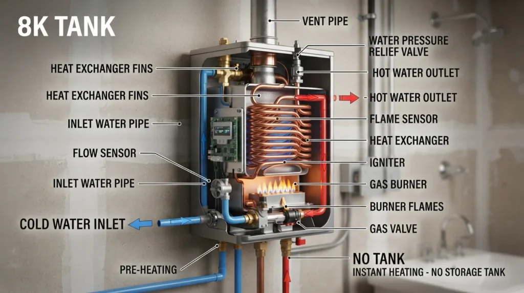 Diagram showing how a tankless water heater heats water on demand as cold water enters, activates the flow sensor and burner, and exits as hot water