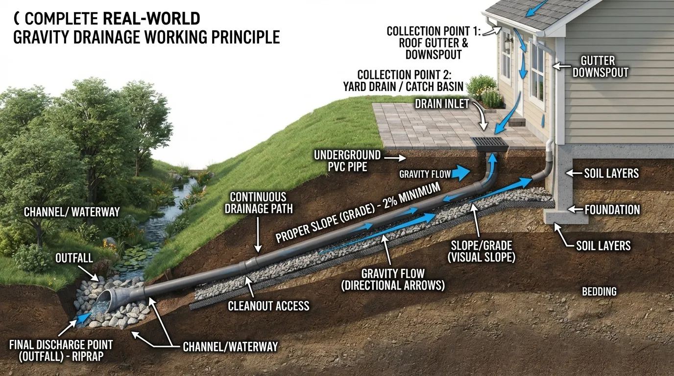Diagram showing how drainage works by using gravity, slope, connected drainage paths, and an outlet to move water from a collection point to a safe discharge point.