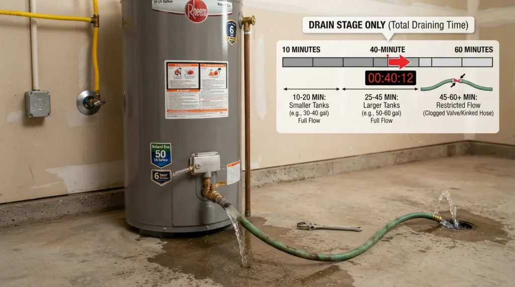 Water heater draining through a garden hose with a visual timeline showing typical drain time