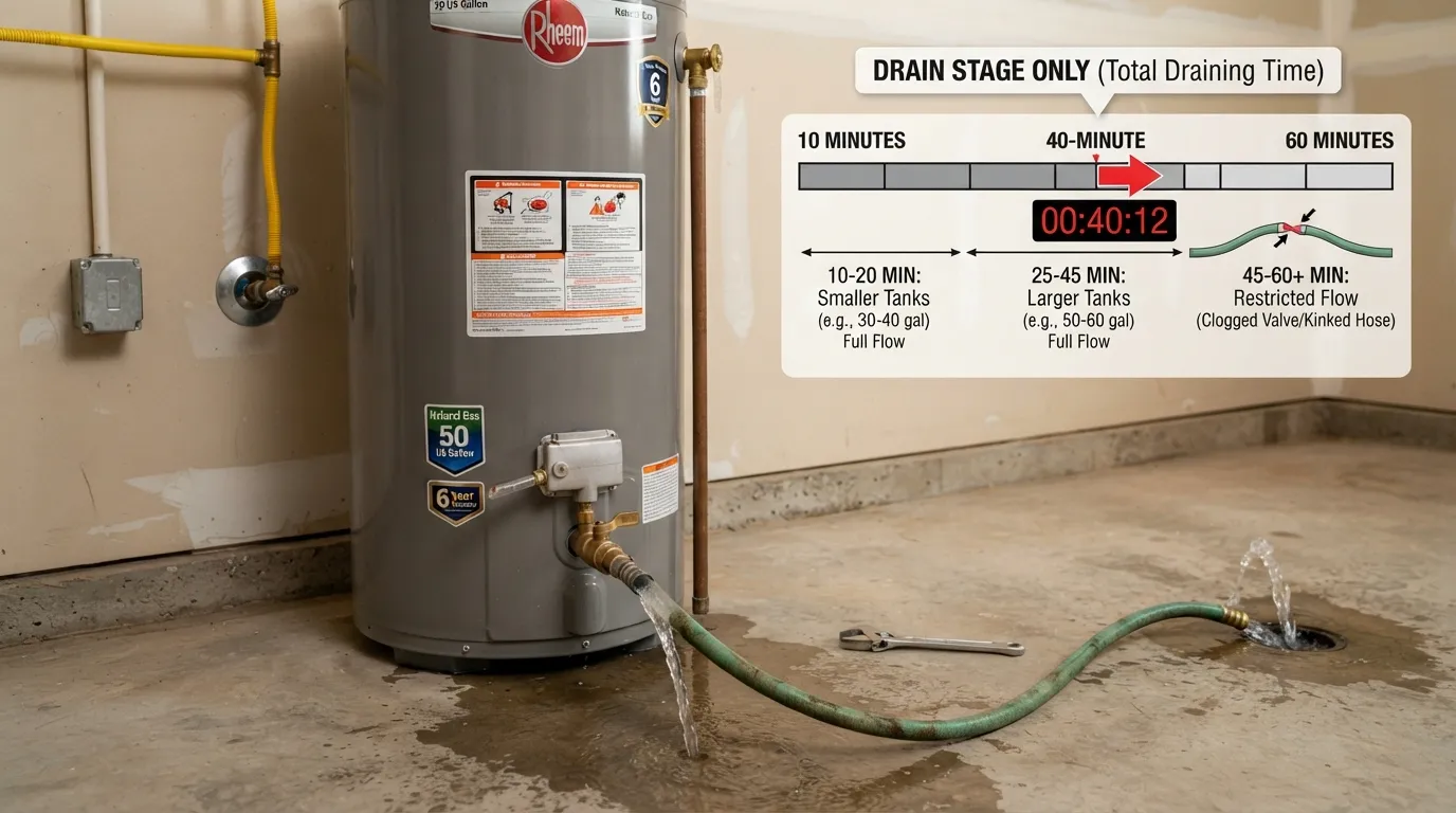 Water heater draining through a garden hose with a visual timeline showing typical drain time