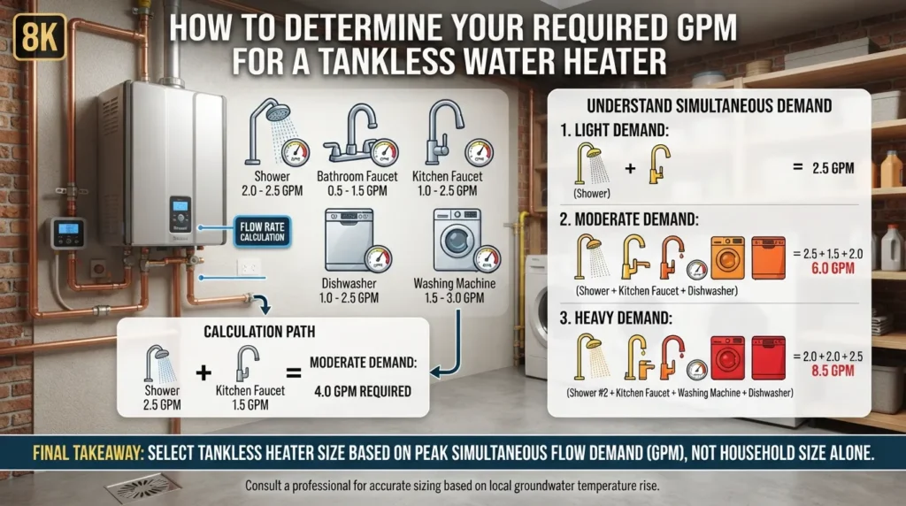 Tankless water heater GPM sizing guide showing how household fixtures and simultaneous water use determine the required flow rate