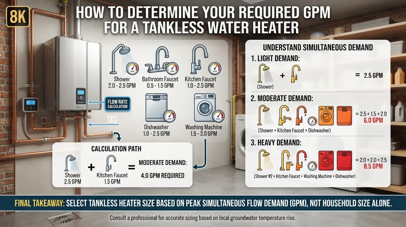 Tankless water heater GPM sizing guide showing how household fixtures and simultaneous water use determine the required flow rate