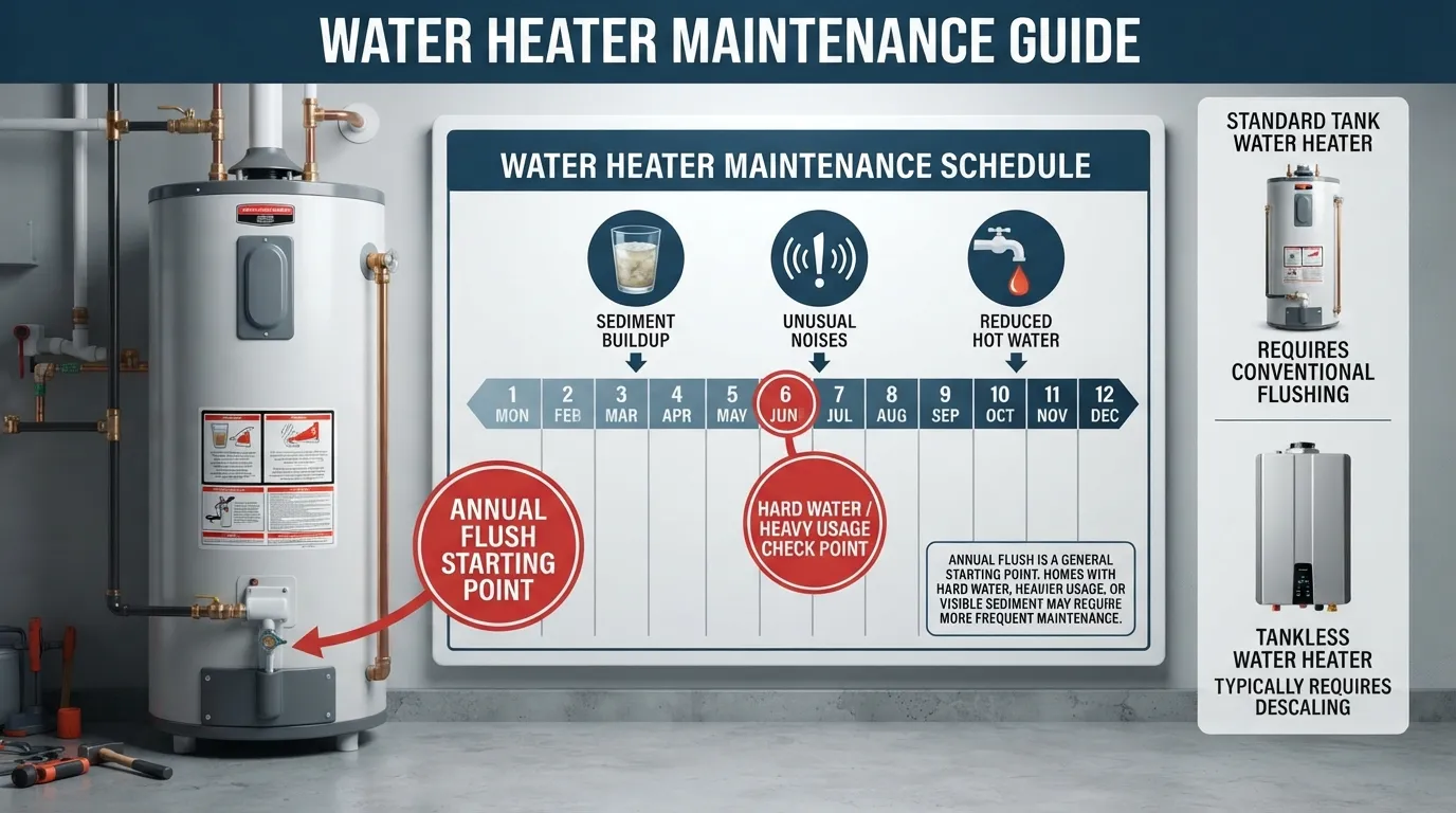 Water heater maintenance schedule showing when to flush a conventional tank water heater Image Caption: A simple guide to knowing when your water heater needs flushing.