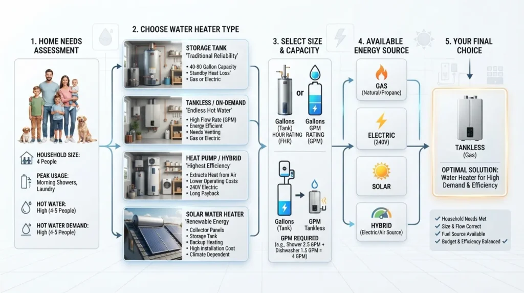 Visual guide showing how to choose the right water heater for a home based on household needs, heater type, size, fuel source, and hot-water demand.
