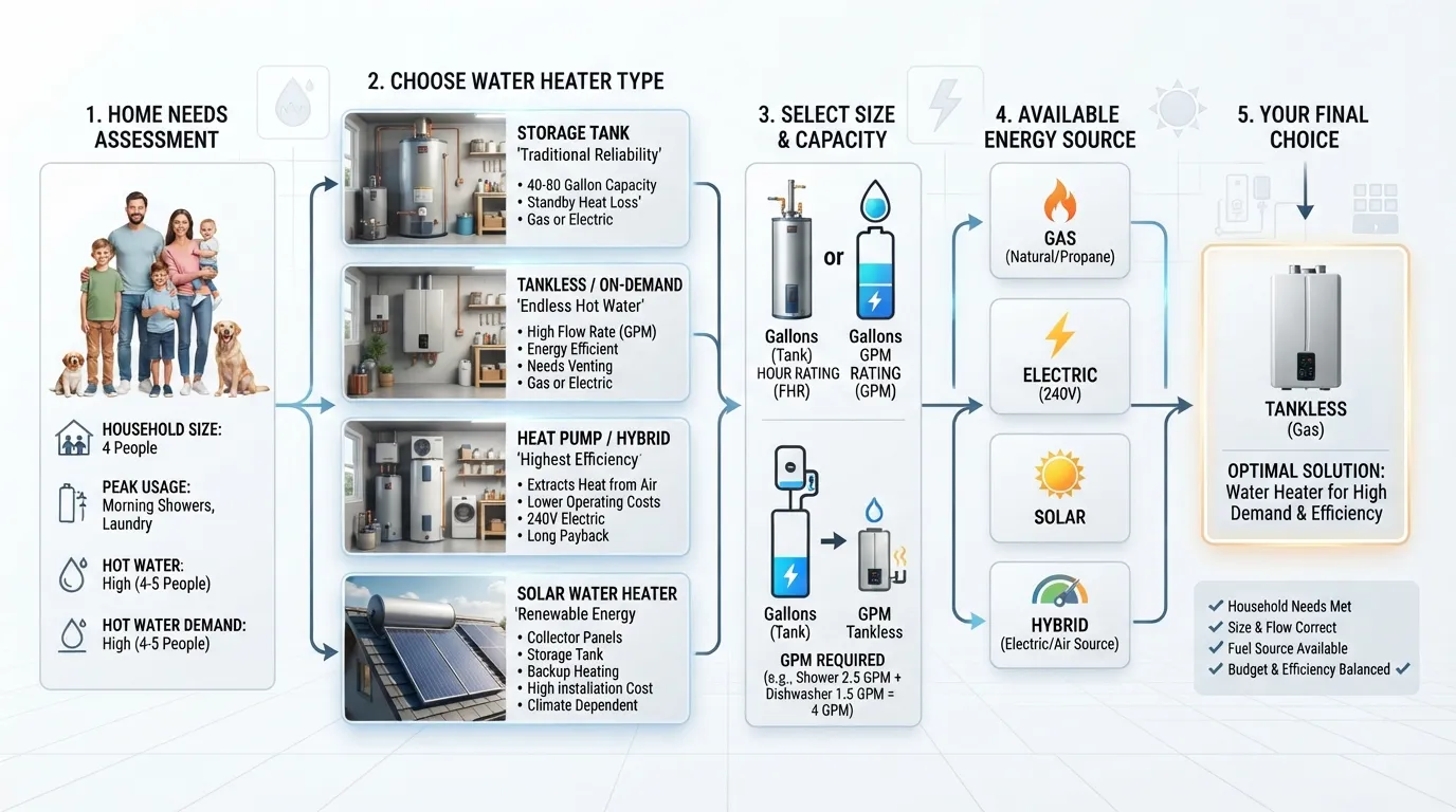 Visual guide showing how to choose the right water heater for a home based on household needs, heater type, size, fuel source, and hot-water demand.