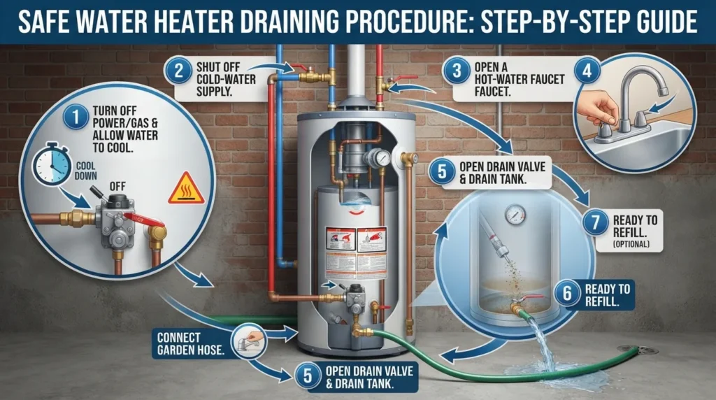 Step-by-step process for safely draining a water heater, including shutting off power and water, connecting a hose, opening the drain valve, and emptying the tank