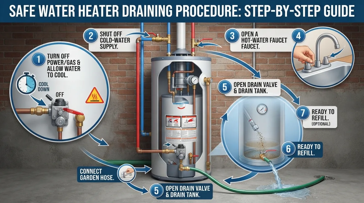 Step-by-step process for safely draining a water heater, including shutting off power and water, connecting a hose, opening the drain valve, and emptying the tank