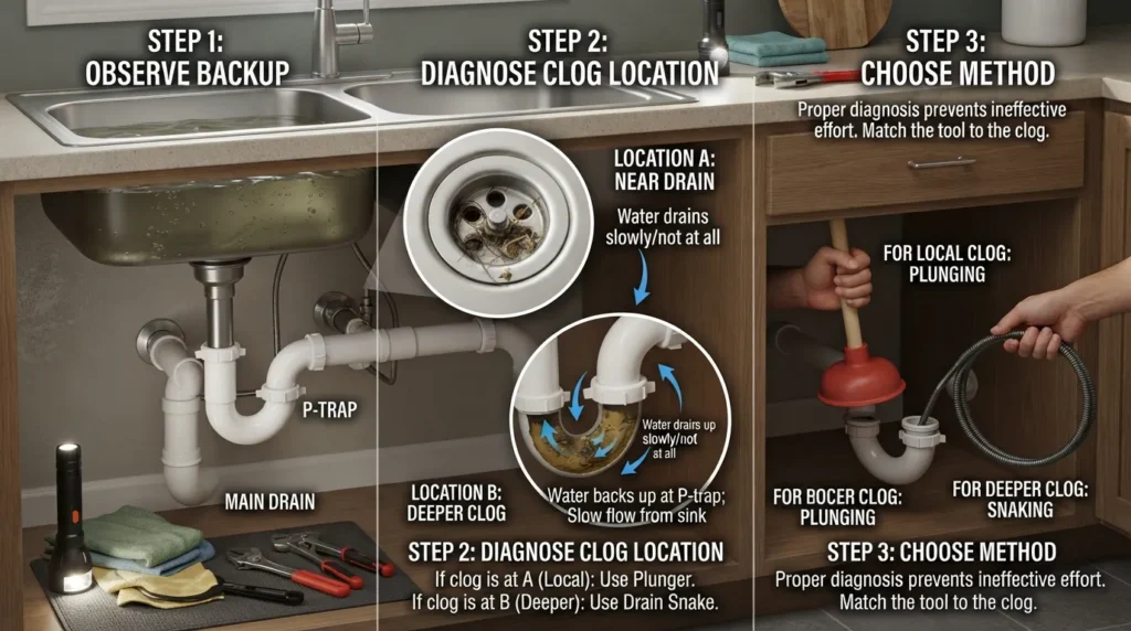 Home drain troubleshooting visual showing how to identify whether a backed up drain is caused by a local clog or a deeper blockage before choosing an unclogging method.