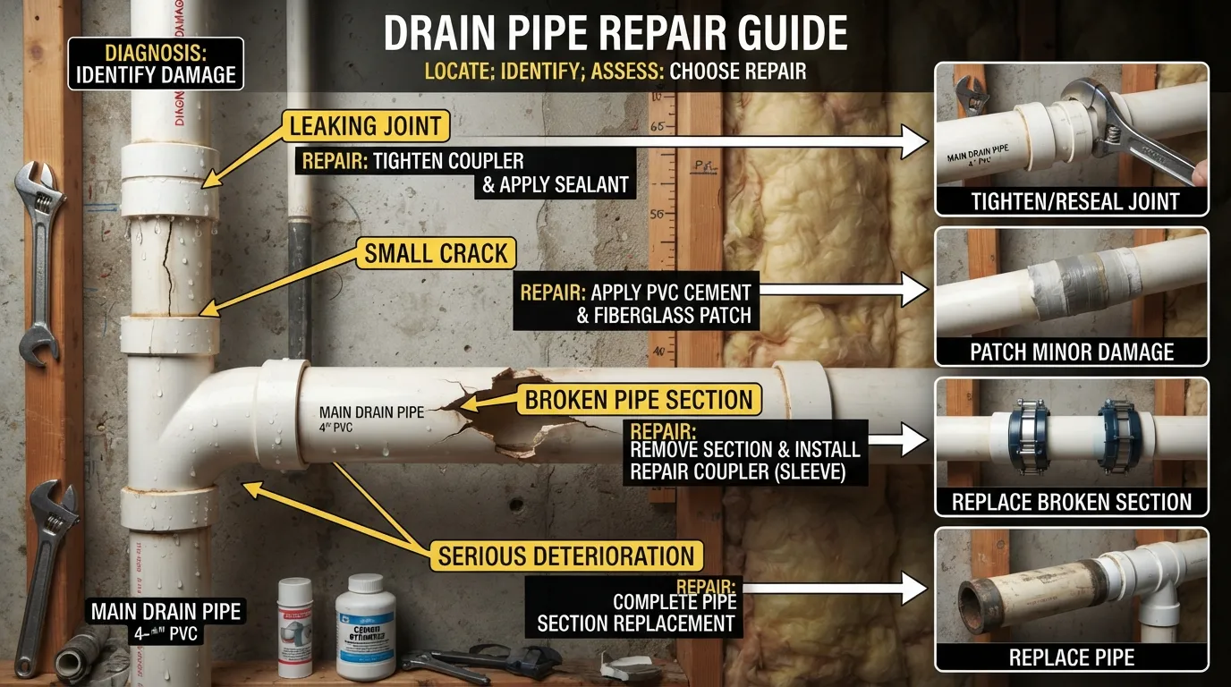 Drain pipe repair guide showing how to identify pipe damage such as leaks, cracks, broken joints, and damaged sections, then choose the appropriate repair method.