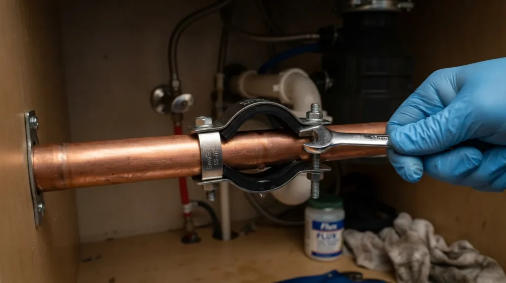 Person installing a metal repair sleeve with rubber gasket around a leaking copper pipe, tightening the clamp bolts to stop the leak