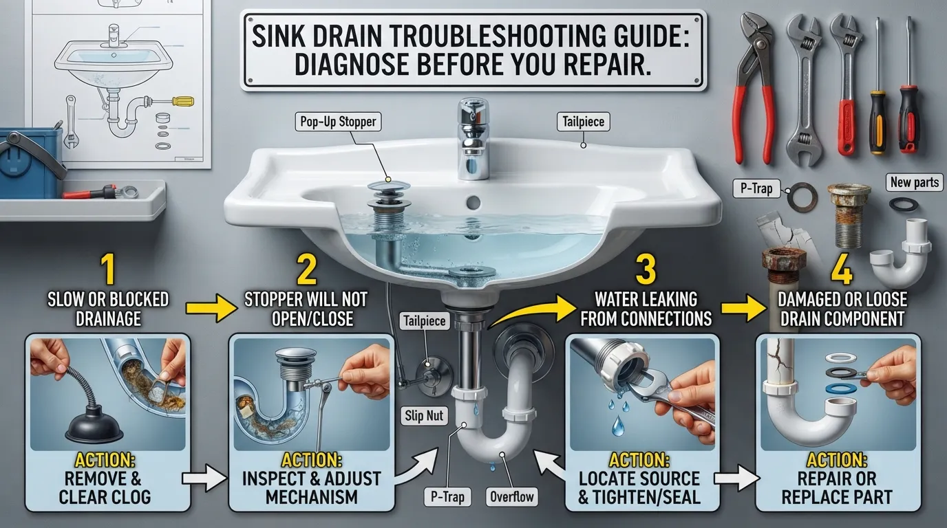 Homeowner inspecting a sink drain to identify whether the problem is a clog, stuck stopper, leak, or damaged drain part before starting repairs.