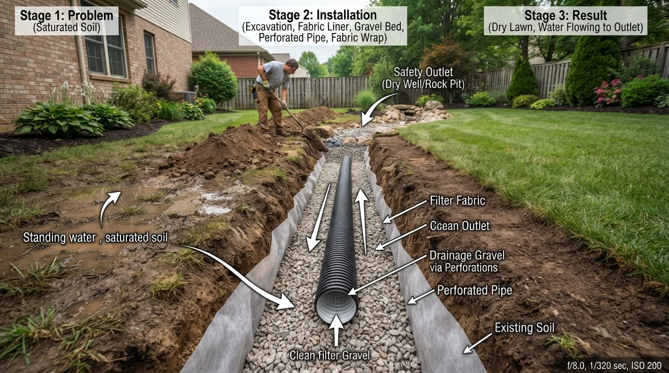 Step-by-step French drain installation showing a trench, filter fabric, gravel, perforated drain pipe, proper slope, and water flowing away from the problem area.