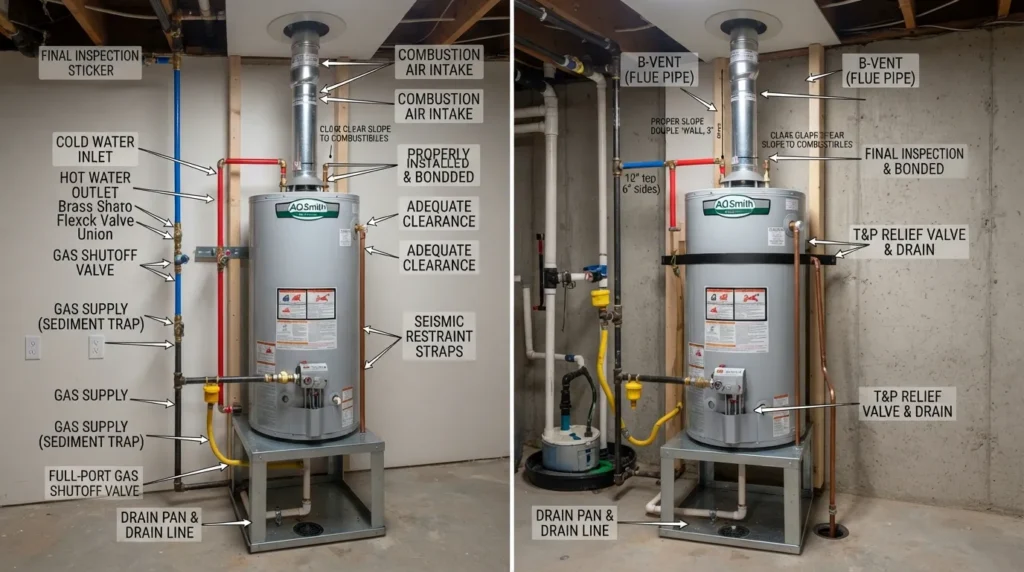 Gas hot water heater installation showing safe replacement planning, water and gas connections, venting, clearances, and safety components