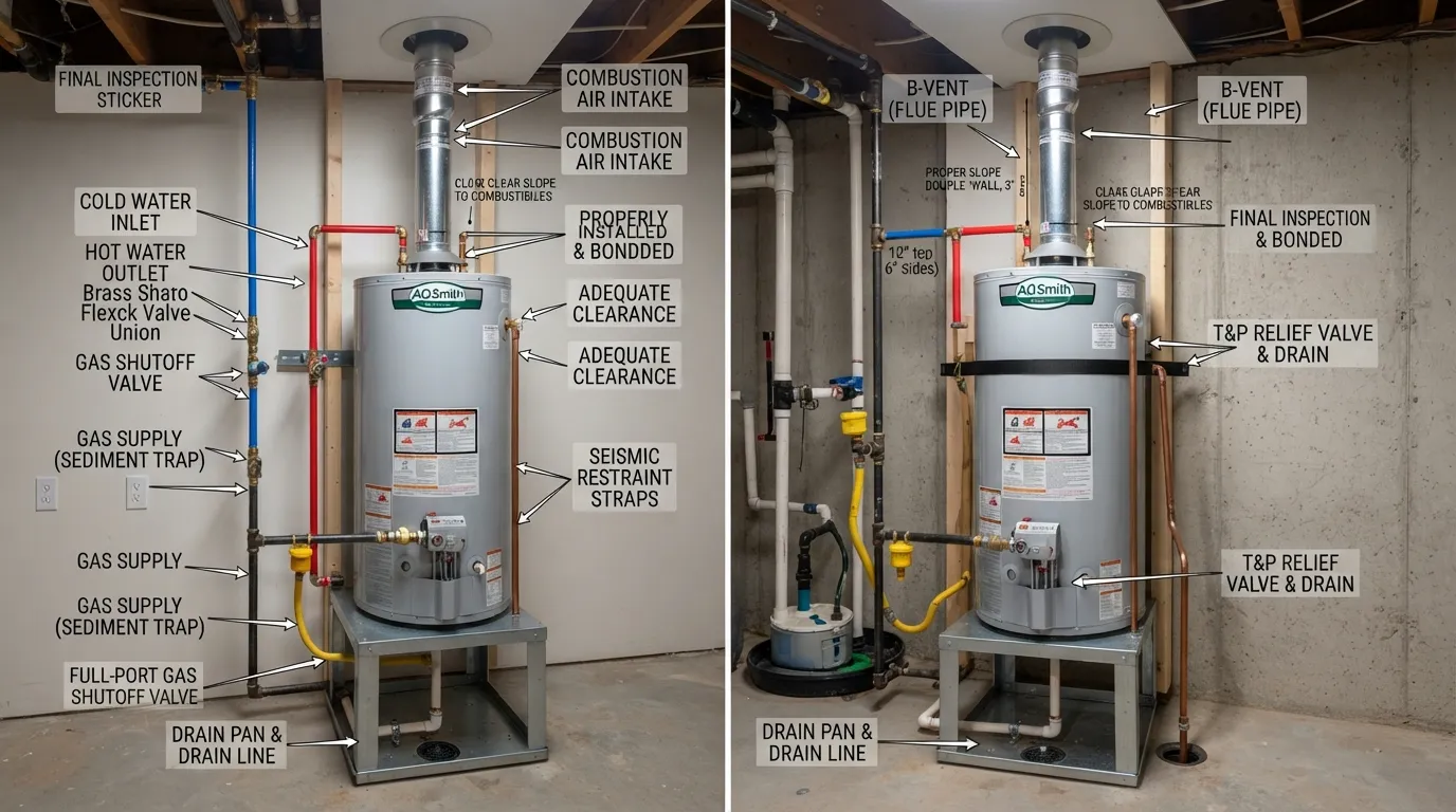 Gas hot water heater installation showing safe replacement planning, water and gas connections, venting, clearances, and safety components