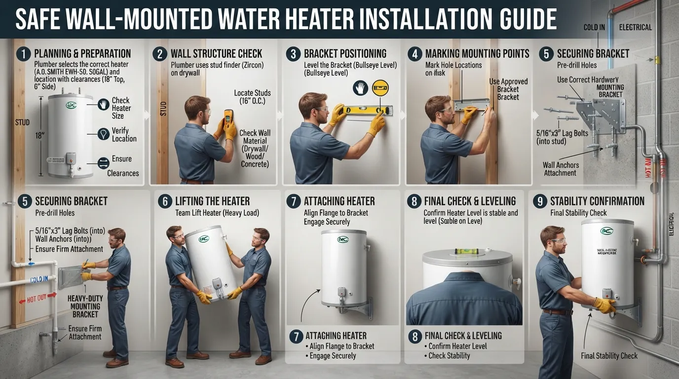 Step-by-step water heater mounting showing wall support, mounting bracket, secure fastening, heater positioning, and final stability check
