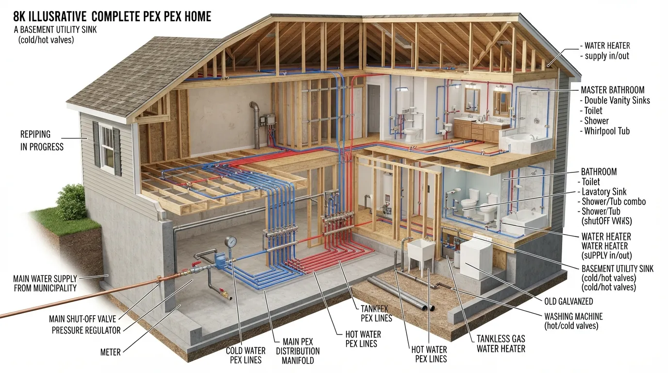 Diagram showing how to repipe a house with PEX, including PEX tubing routes from the main water supply to fixtures throughout the home.