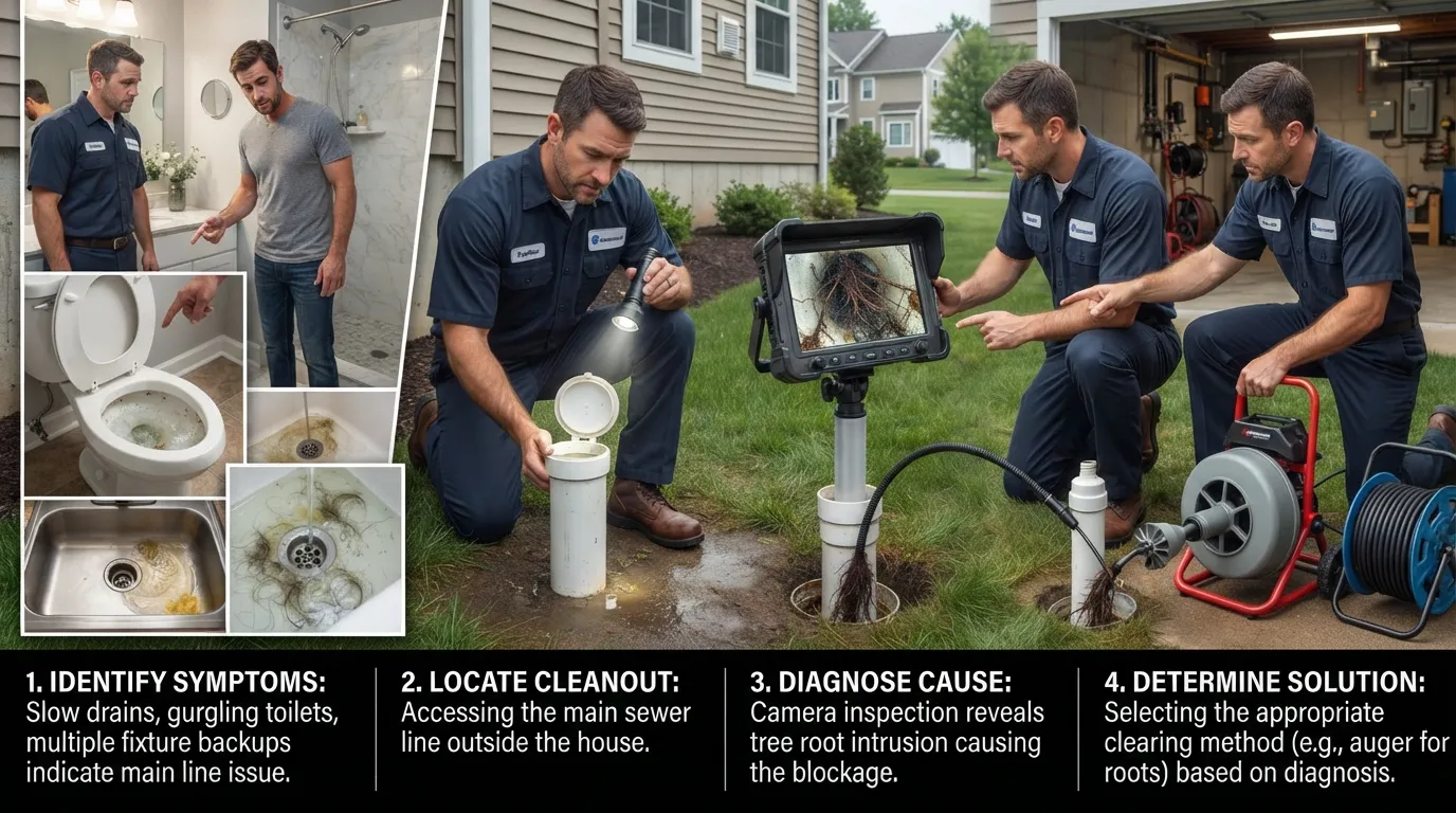Homeowner inspecting a main sewer line blockage by checking multiple drains, locating the sewer cleanout, identifying the likely clog cause, and choosing the correct clearing method.