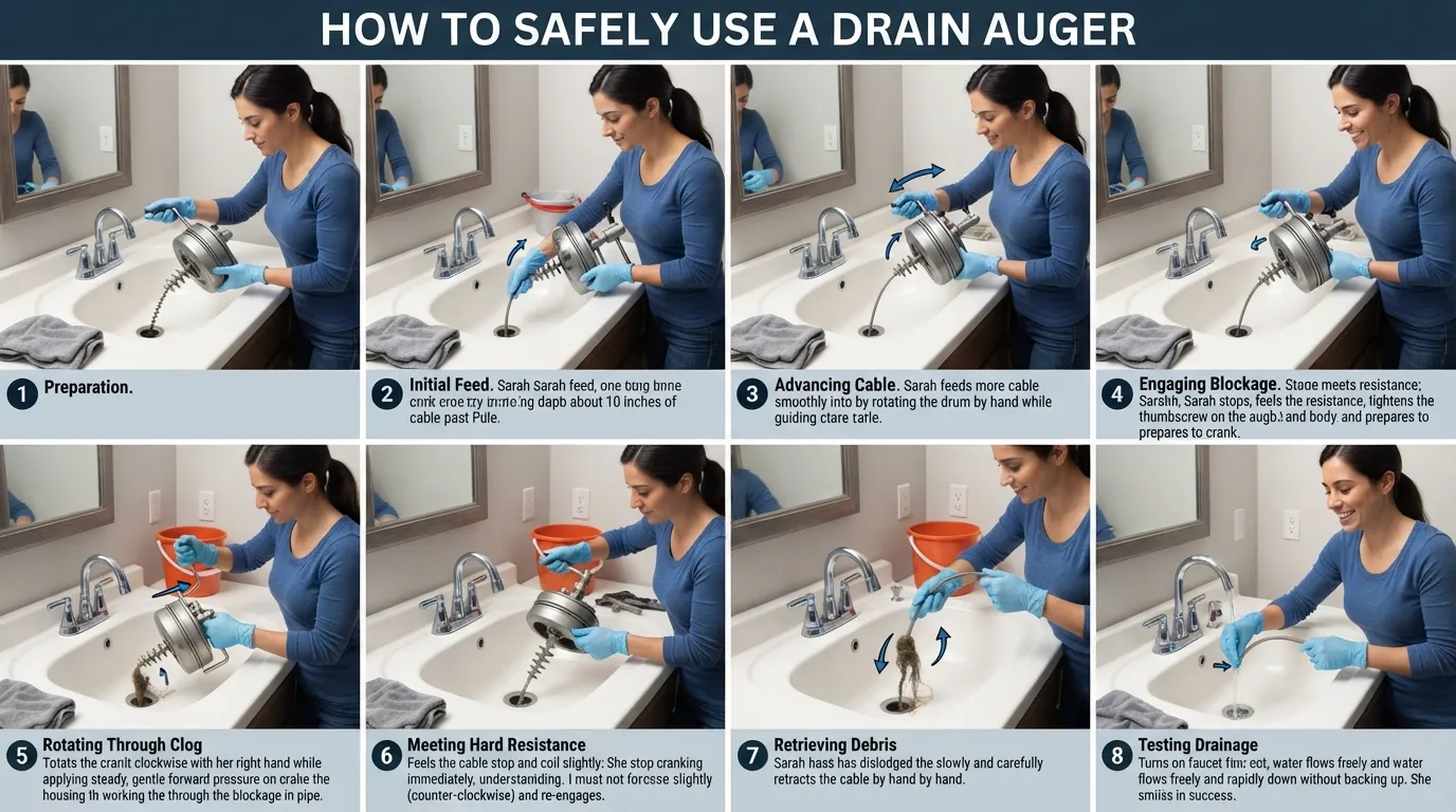 Beginner-safe step-by-step demonstration showing how to insert, rotate, advance, and remove a drain auger while clearing a clogged drain.