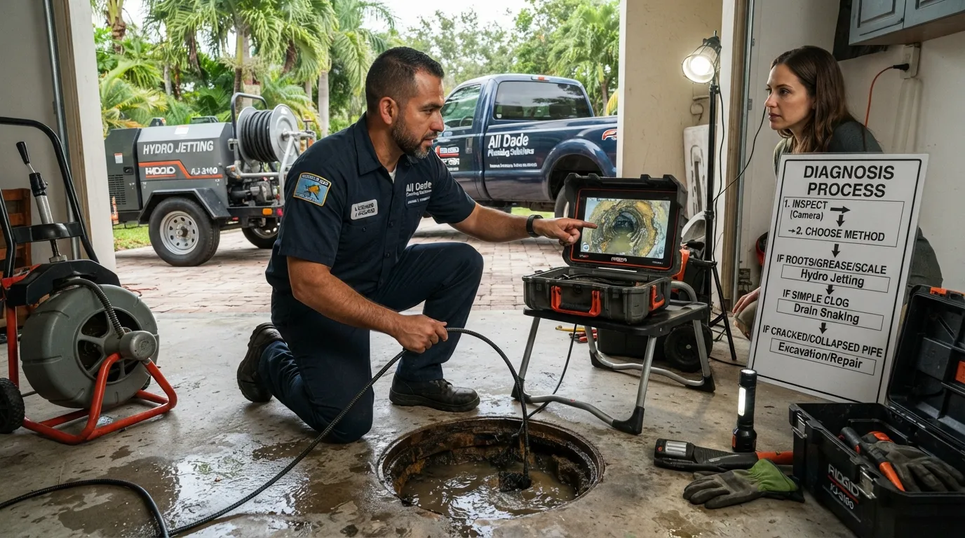 Miami plumber inspecting a clogged drain or sewer line and comparing hydro jetting, drain snaking, camera inspection, and pipe repair options.