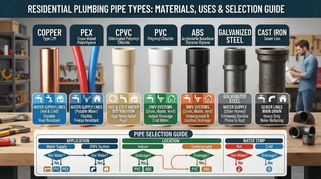Visual guide showing different kinds of plumbing pipes including PVC, PEX, copper, CPVC, and ABS with their common uses in residential plumbing systems