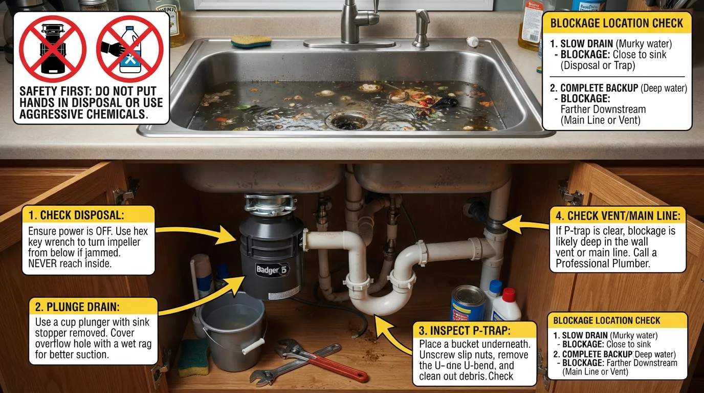 Kitchen sink backing up with a visual guide showing common causes, where the blockage may be located, and safe steps to diagnose and fix the problem.