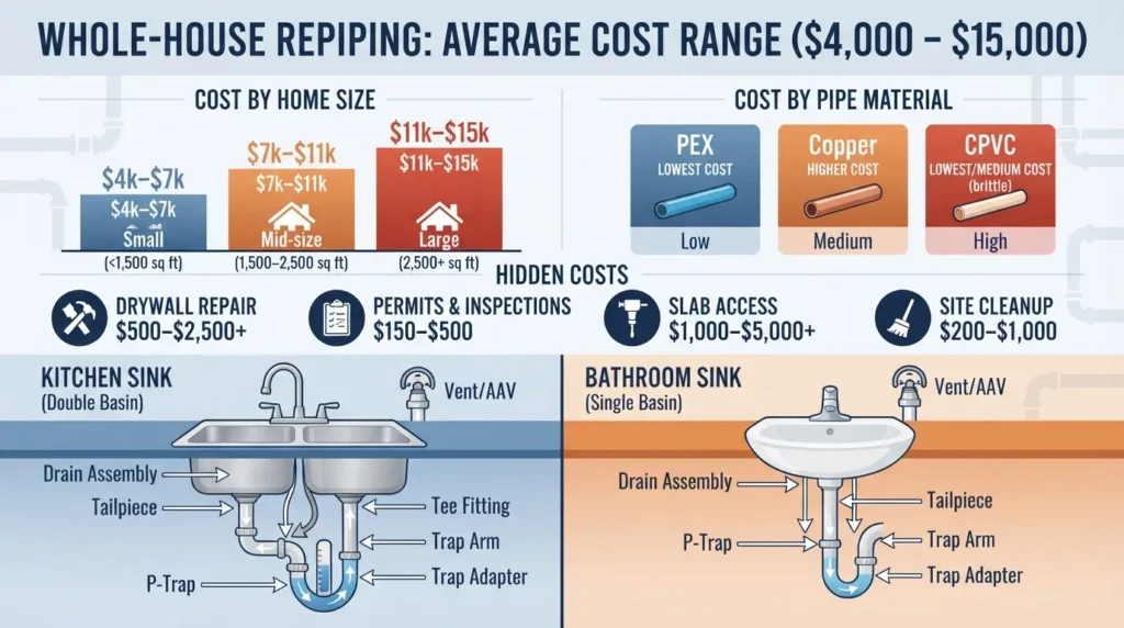 Labeled diagram showing kitchen and bathroom sink drain plumbing parts including P-trap, tailpiece, trap arm, and drain assembly
