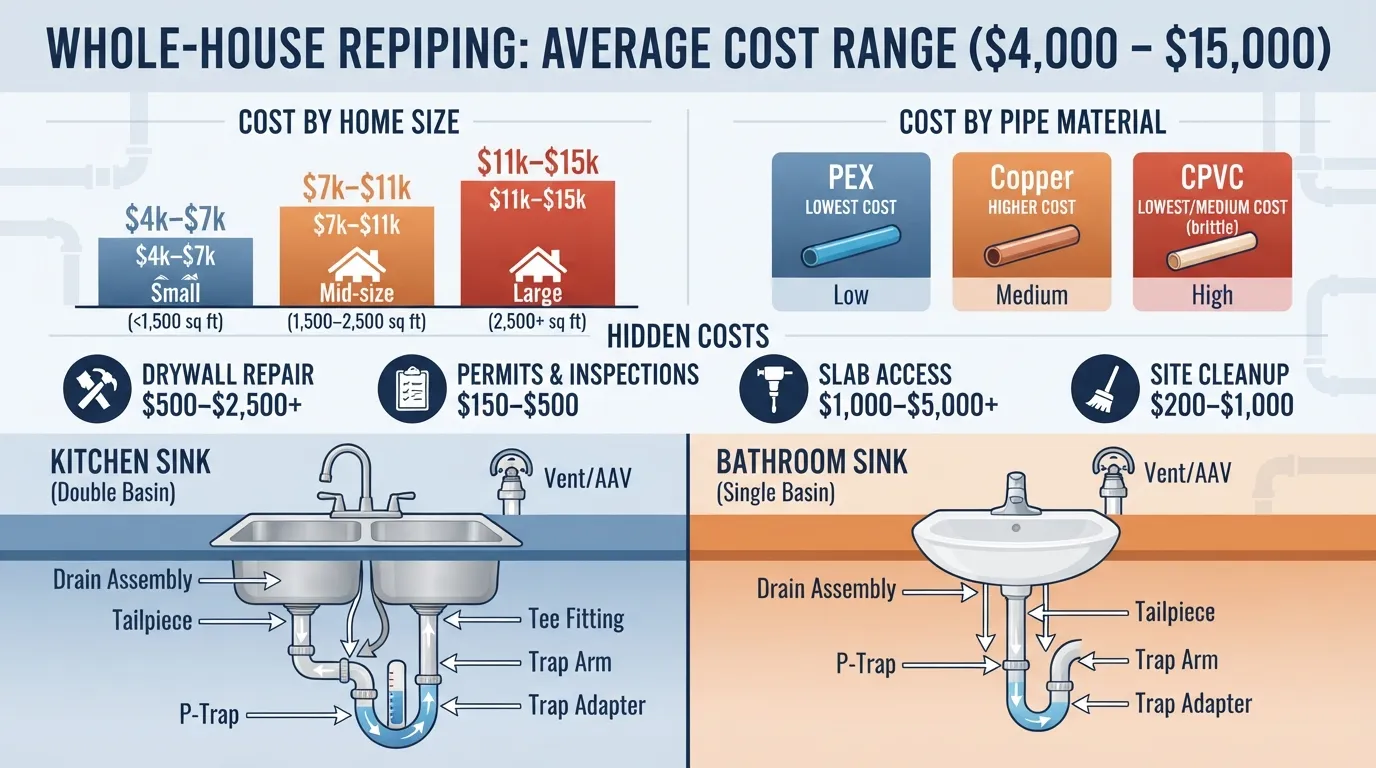 Labeled diagram showing kitchen and bathroom sink drain plumbing parts including P-trap, tailpiece, trap arm, and drain assembly
