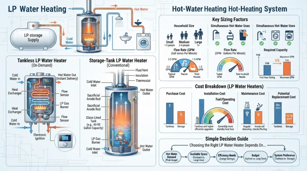 LP water heater showing how propane heats water, with tankless and storage options, sizing considerations, cost factors, and selection guidance