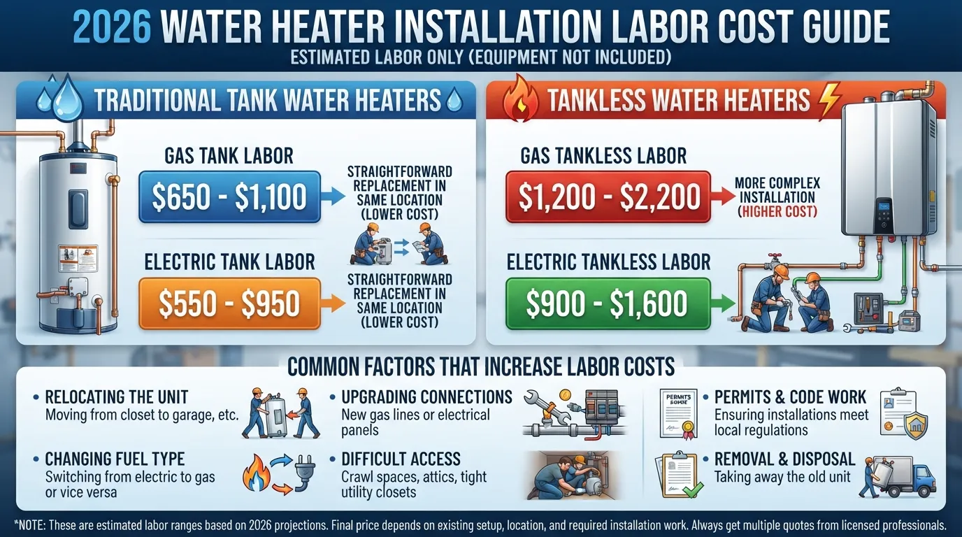 2026 water heater installation labor cost comparison showing typical labor prices for tank, gas, electric, and tankless water heaters
