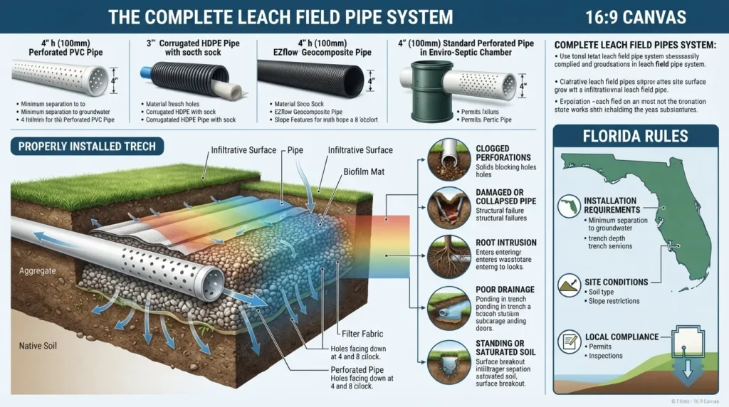 Visual guide showing leach field pipe types, pipe size, proper installation layout, common pipe problems, and Florida septic system rule considerations.