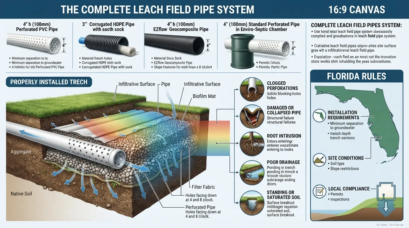 Visual guide showing leach field pipe types, pipe size, proper installation layout, common pipe problems, and Florida septic system rule considerations.