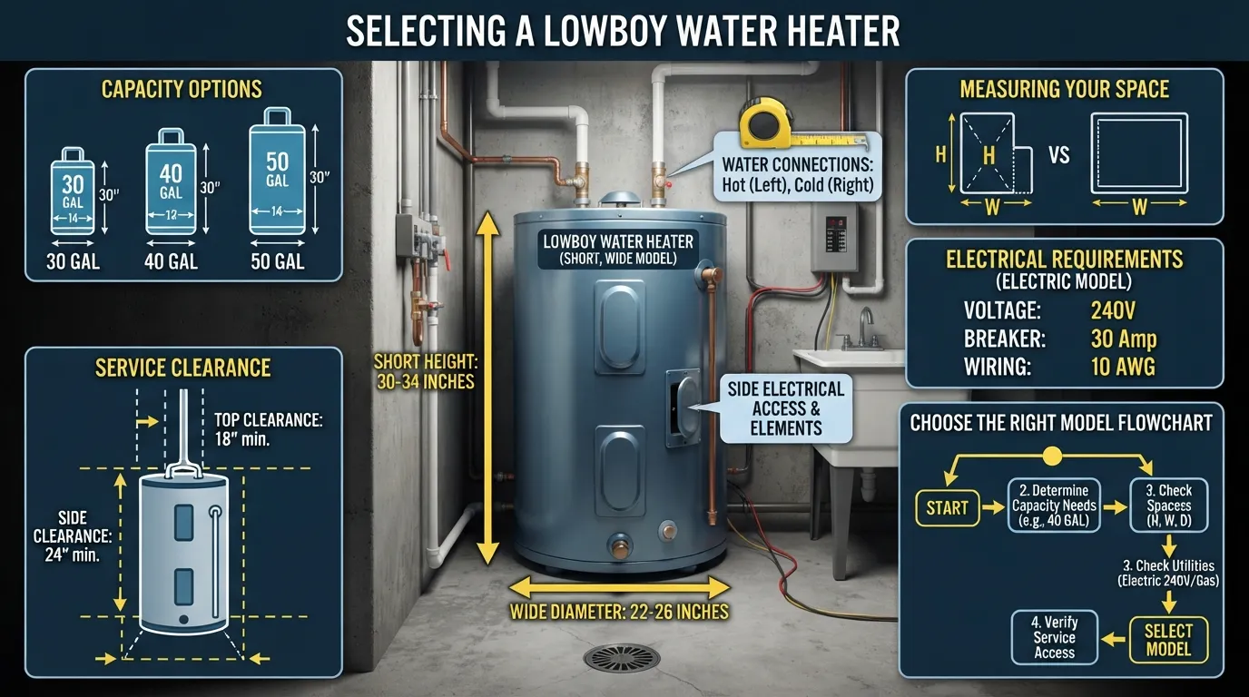 Lowboy water heater showing its short wide design, size considerations, dimensions, connections, and key checks before buying