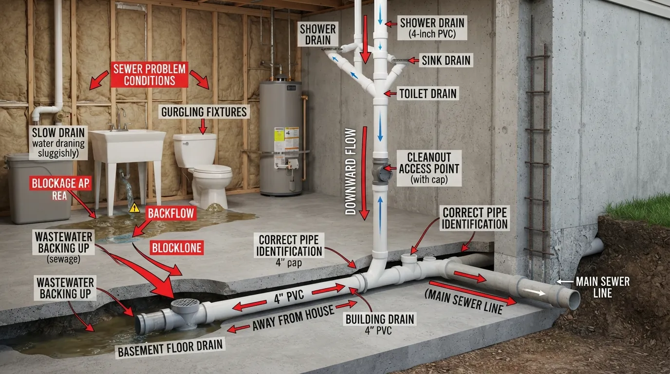 Basement plumbing diagram showing how to locate the main sewer line, identify the main drain and cleanout, trace the pipe toward the foundation, and recognize signs of sewer backup or blockage.