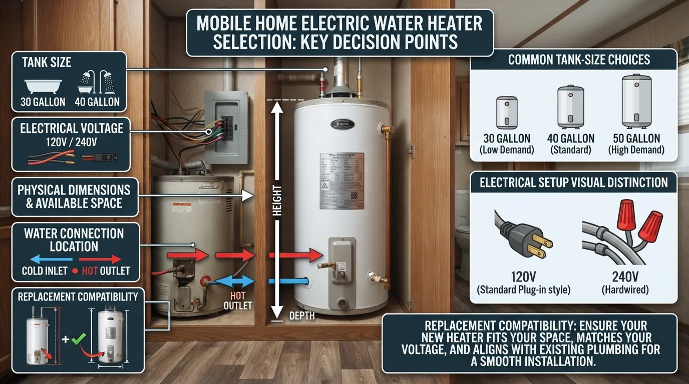 Diagram showing how to choose a mobile home electric water heater by tank size, voltage, physical fit, connections, and replacement needs