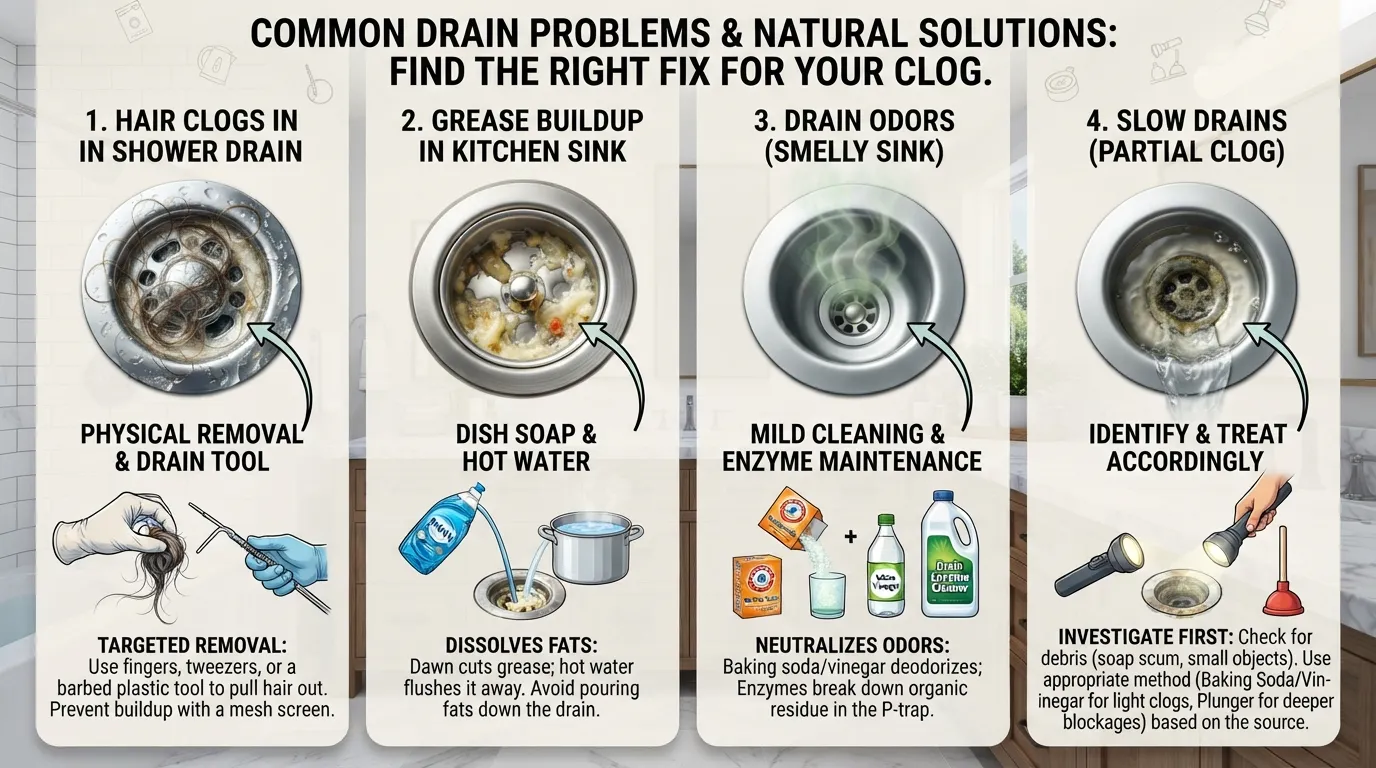 Natural drain cleaning methods for hair clogs, grease buildup, drain odors, and slow drains, showing the most suitable solution for each problem.