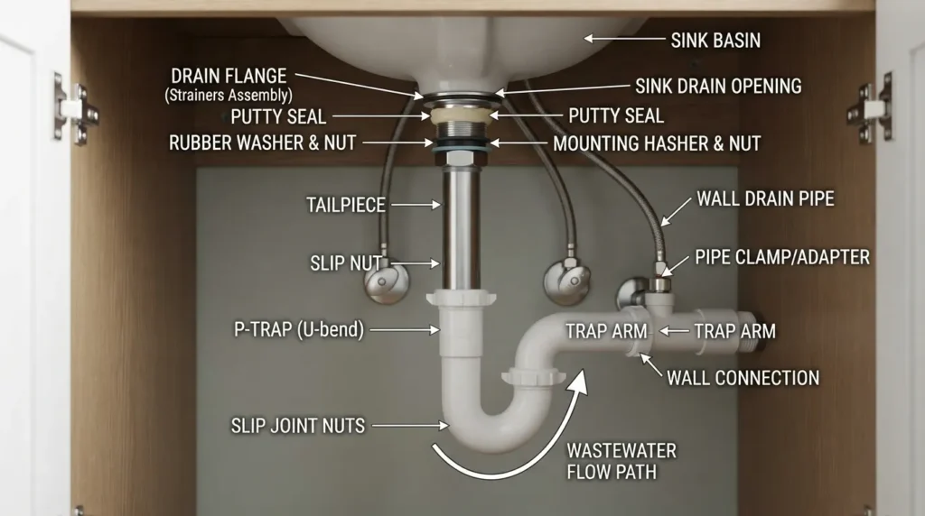 Step-by-step sink drain installation showing the drain assembly, tailpiece, P-trap, pipe connections, sealing points, and correct alignment under the sink.
