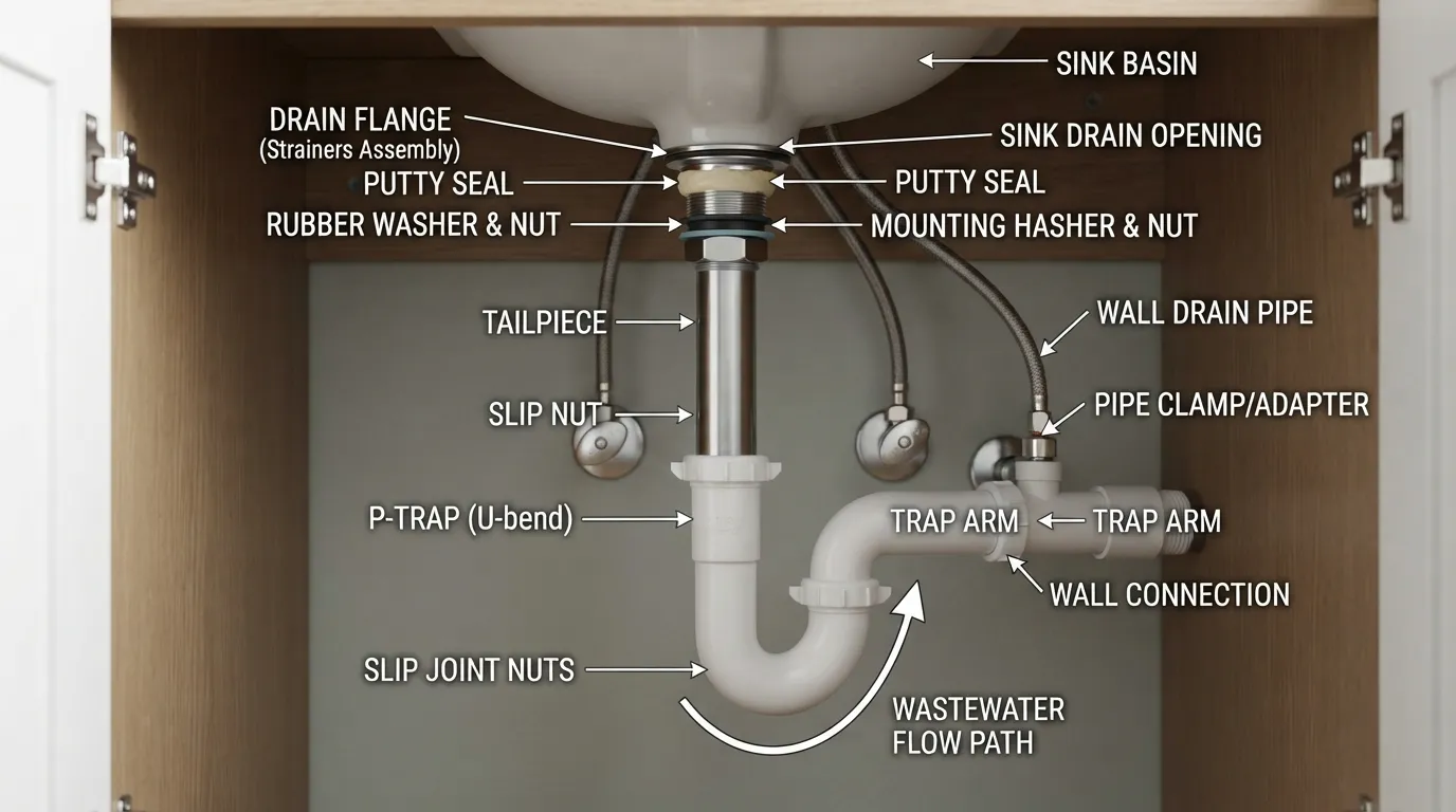 Step-by-step sink drain installation showing the drain assembly, tailpiece, P-trap, pipe connections, sealing points, and correct alignment under the sink.