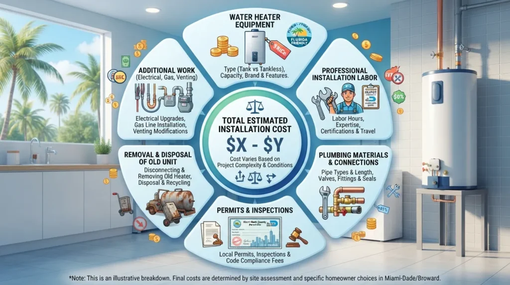 Visual breakdown of new water heater installation costs in Miami, including equipment, labor, materials, permits, and additional installation work